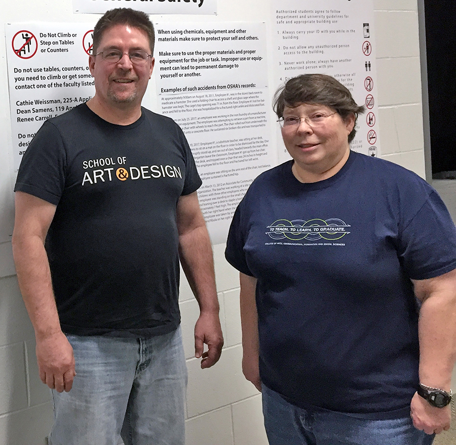 Deano Samens, process lab coordinator, who oversees safe work practices in a wood and metals shop, and Cathie Weissman, financial specialist and the art and design safety coordinator, recently attended a conference on using safety in artistic endeavors.