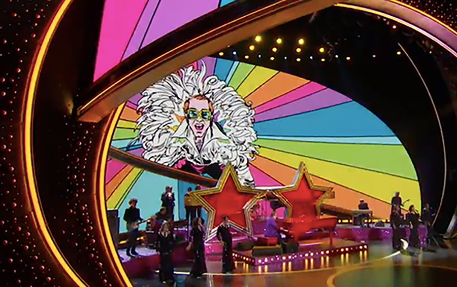 Alumna Erin Goedtel's artwork of Elton John appeared during his performance of his Oscar-winning song.