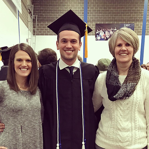 Ryan Knudtson celebrates his December 2018 graduation from UW-Stout with his sister, Bethany Halama, and his mother, Emily.