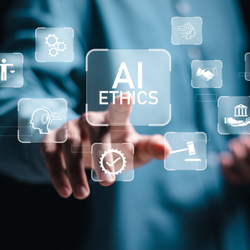 Hand pointing at a glowing digital screen displaying AI Ethics surrounded by icons for technology, law, and communication