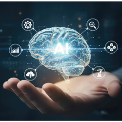 A hand holding a glowing digital brain labeled AI, surrounded by floating technology icons on a dark background