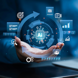 A hand holding a glowing blue digital graphic centered on an AI microchip, surrounded by floating icons for data, targets, and workflow tools.