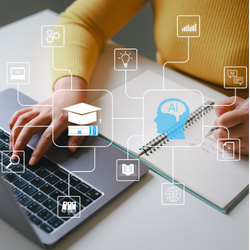 Person typing on a laptop and taking notes, surrounded by floating icons representing AI, education, and digital learning.