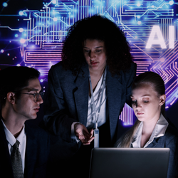Three professionals in business attire gather around a laptop in a dark room with a glowing purple AI graphic behind them.