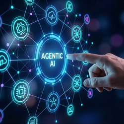 A finger pointing at a glowing network of connected icons with Agentic AI at the center on a dark blue background