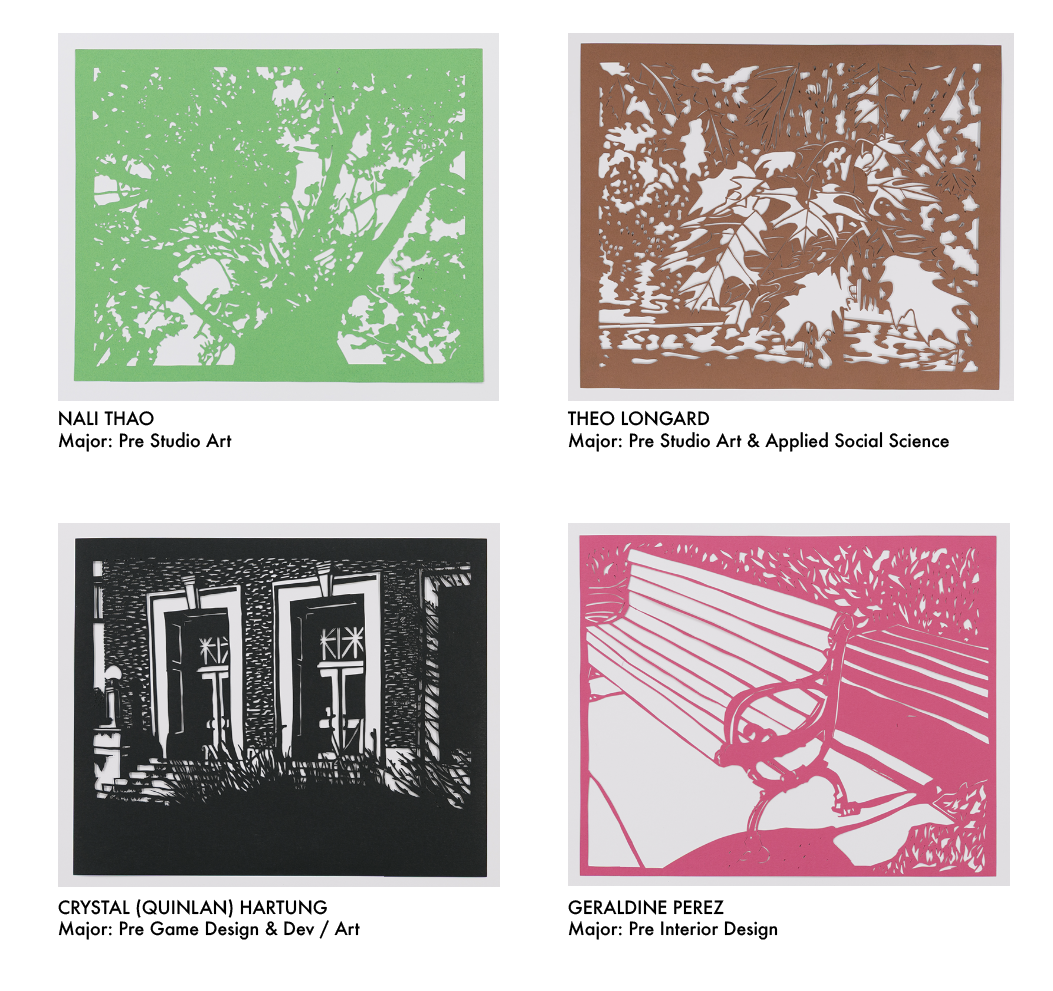 Images of papercut projects showing views of campus, most focused on small, natural details such as leaves and branches.