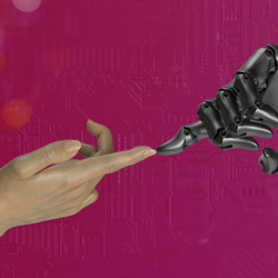 A human hand and a robotic hand reach toward each other against a magenta background with a faint circuit board pattern.