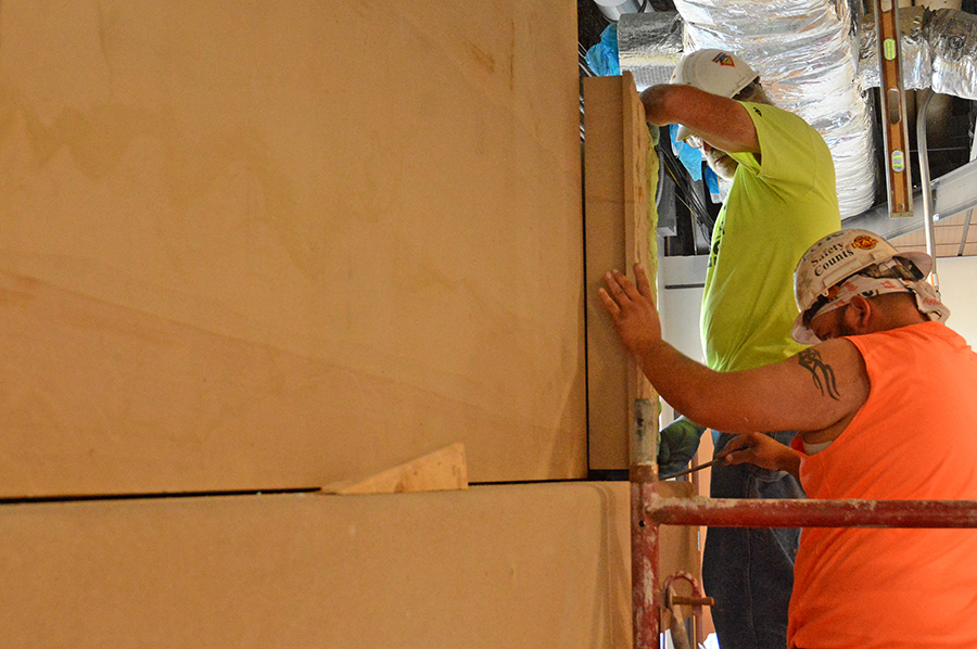 The fireplace has 35 sandstone pieces that weigh about four tons total. The fireplace will be a focal point of the Menomin Room in Price Commons.