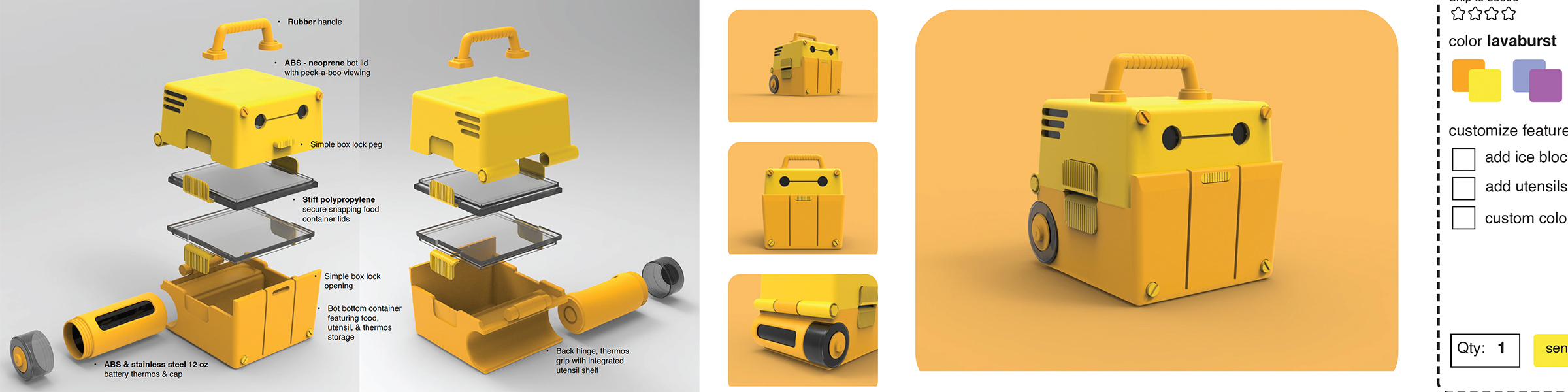 A series of product images that showcase a deconstruction of parts that make up a Lunch-Bot, a modern take on rubbermade all-in-one packages.