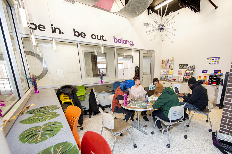 The new Qube offers colorful décor and both public and private spaces for students to meet.