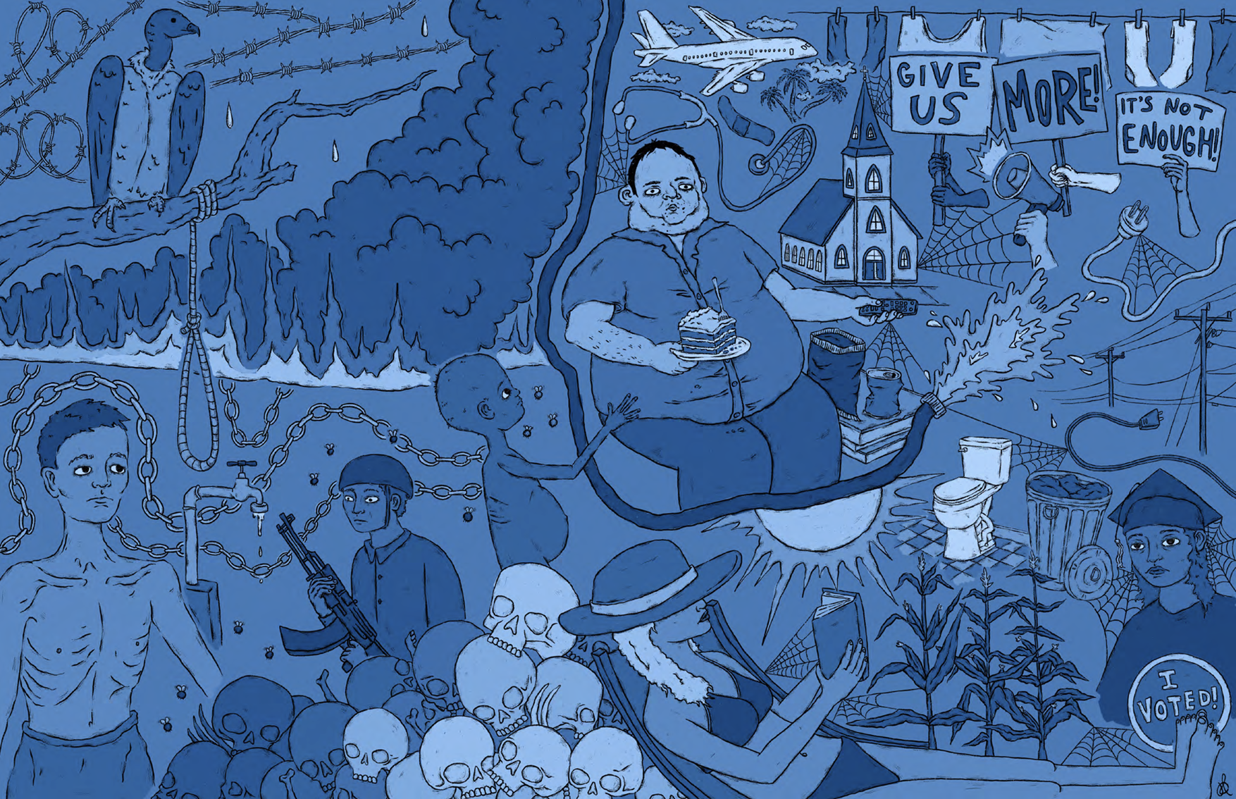 blue monotone artwork by Daphne Moseman about "the many freedoms and privileges that those in America have access to, yet so often take advantage of."