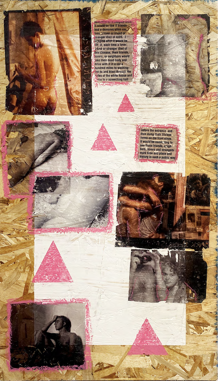 Gel medium transfers and oil pastel on panel about "the first exhibition tackling the subject of the AIDS crisis."