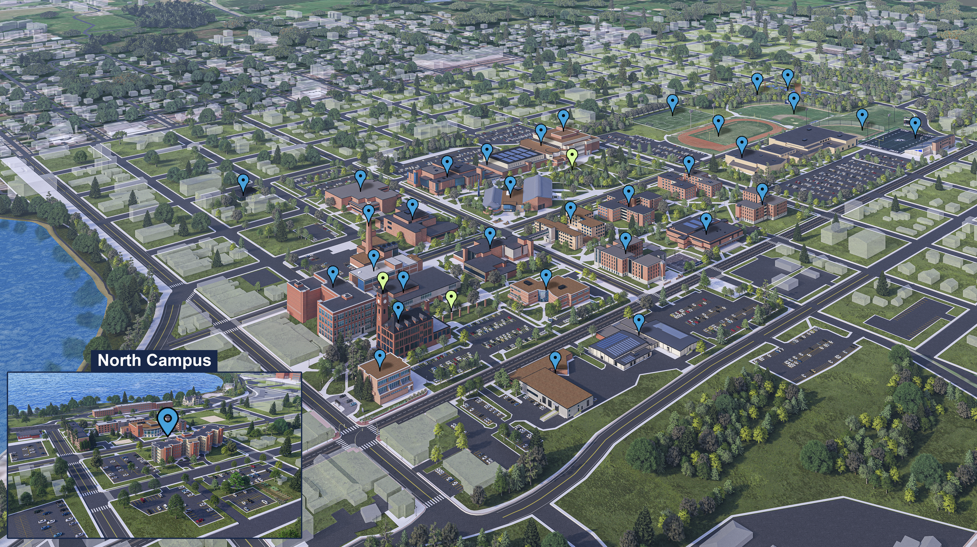 Illustrated map of UW-Stout will buildings and locations identified by icons.