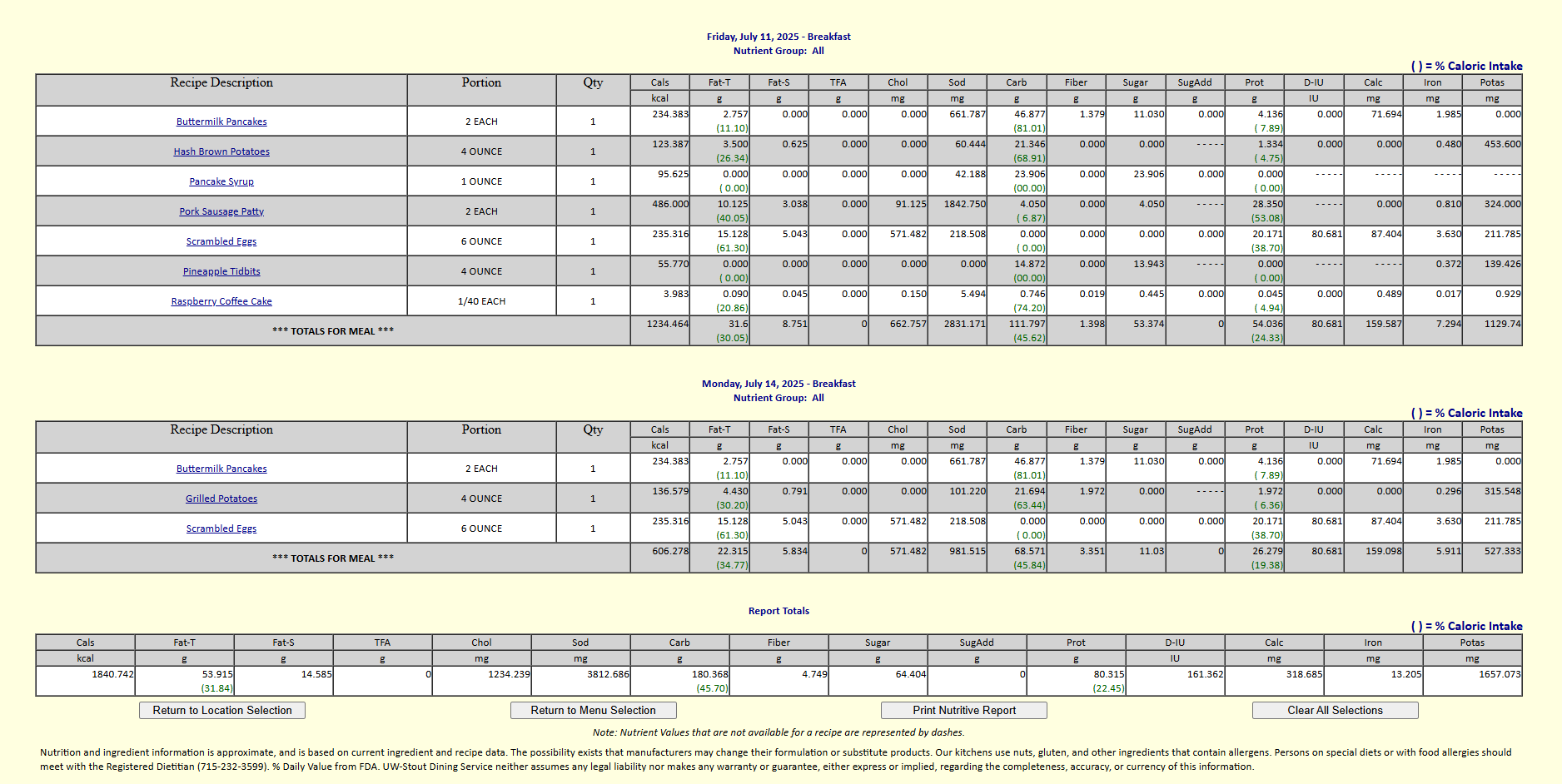 Image of the Nutrition information of selected items.