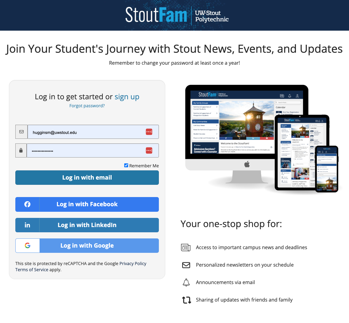 Screenshot of the StoutFam news portal login page, including a login interface, images for desktop and mobile views of the portal, and the benefits it offers.