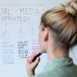 A woman looking a a whiteboard that read "social media strategy"