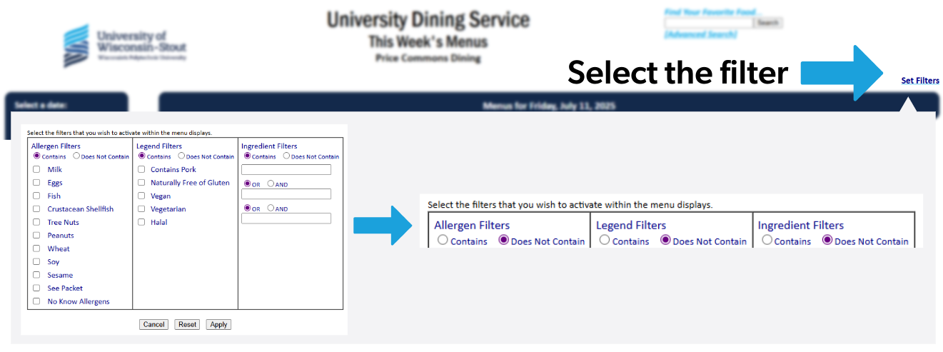 Image of selecting a filter in the menu.
