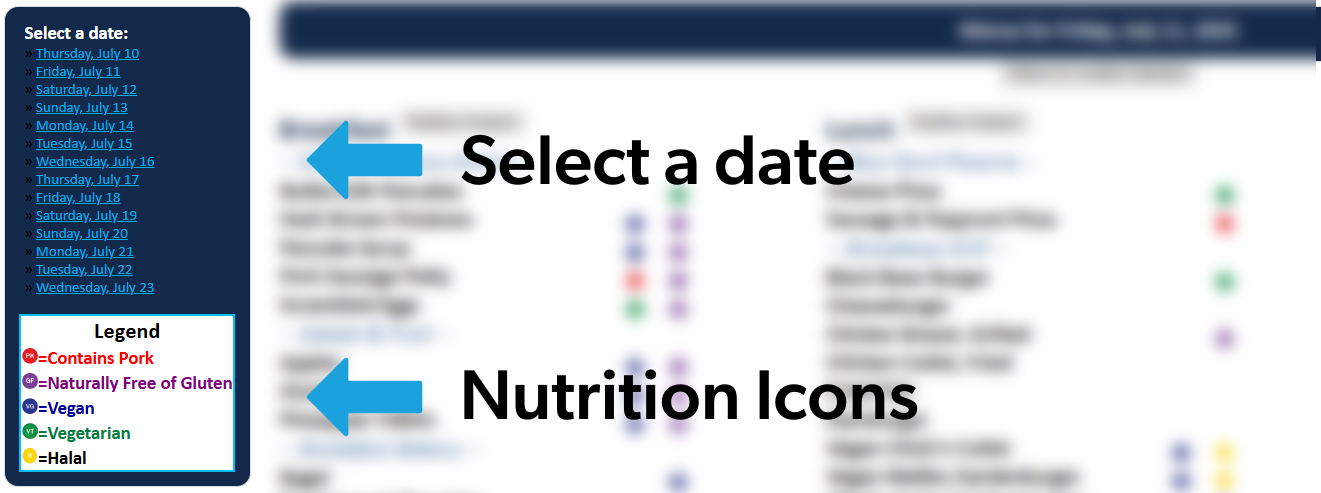 Image of the menu, selecting a date and pointing out nutrition icons.