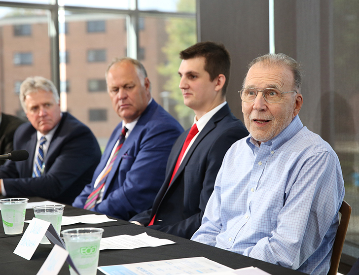 From left, Chancellor Bob Meyer, donor Joe Pregont, student Harrison North and donor Dallas Pankowski at the Pathways Forward news conference Sept. 14.