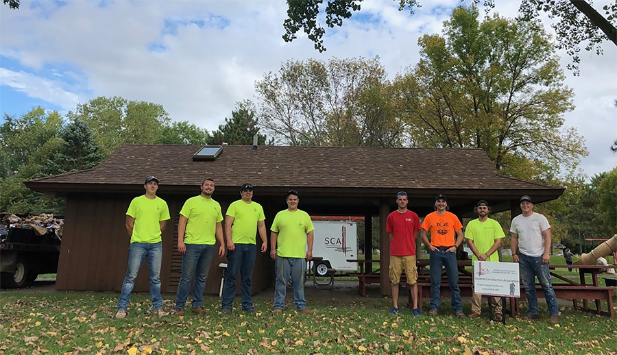 UW-Stout Student Construction Association members installed a new roof last fall at the Elmwood Park pavilion in Menomonie.