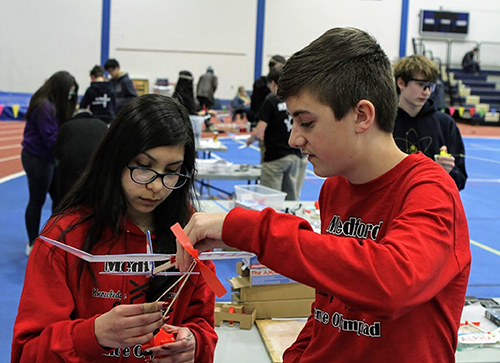 Students work on their entries in the Wisconsin Science Olympiad competition March 16 at UW-Stout.
