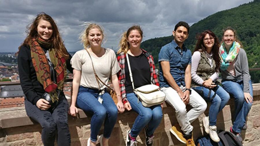 UW-Stout students meet with Ahmad Dallal, a refugee from Syria, during a study abroad trip to Germany. From left are Alex Pasquale, Jacqueline Barba, Macy Helgeson, Shannon Sawatzki and Kylie Bowman