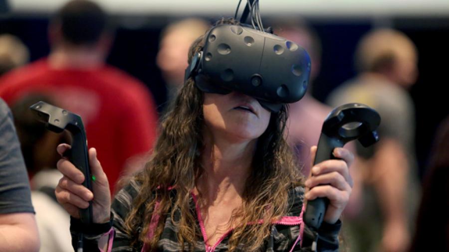 A visitor to the Stout Game Expo held in May tries a virtual reality video game.
