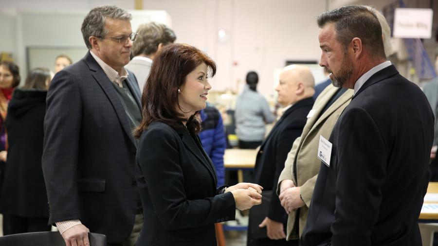 ​  Bob Rosendahl of Menomonie speaks with Lt. Gov. Rebecca Kleefisch and Discovery Center Executive Director Randy Hulke, left, at the UW-Stout Fab Lab after an announcement that the university would receive $50,000 as part of the Wisconsin Economic Development Council Entrepreneurship Support Program. / UW-Stout photo by Brett Roseman ​