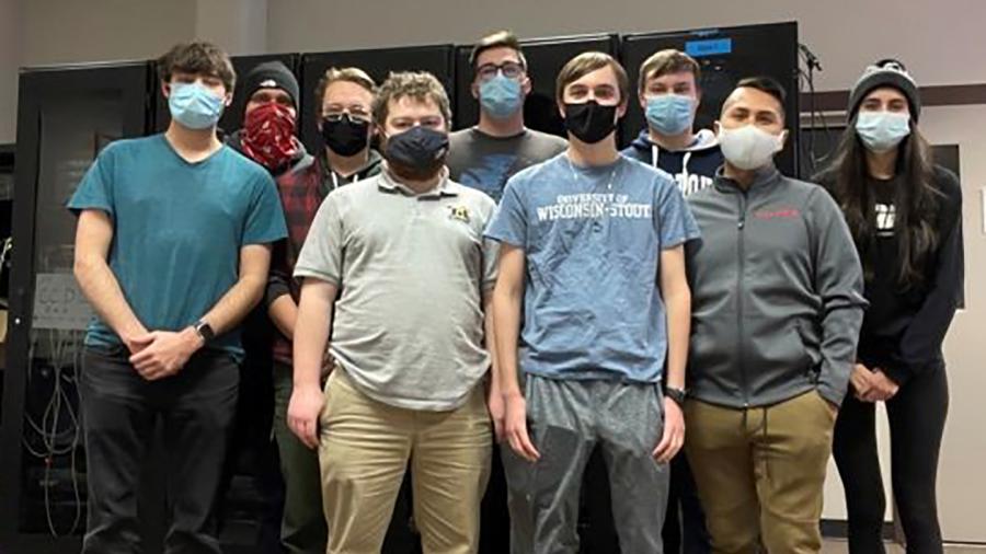 Members of UW-Stout’s team that won the statewide Collegiate Cyber Defense Competition are, from left, Connor Farnworth, Tanner Kowitz, Lee Kottke, Matthew Pomes, Michael Du Mez, Luke Langefels, Vincent Klanderman, Walter Fernandez and Christina Kimball.