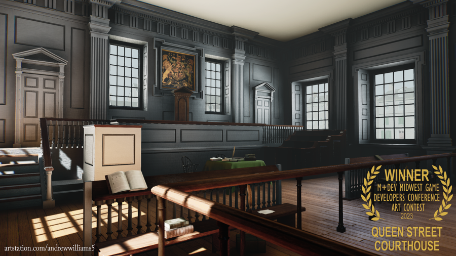 Professor Andrew Williams won the M+DEV art contest with his game environment image “Courthouse on Queen Street.” He used historical research to re-create an 18th century courtroom.
