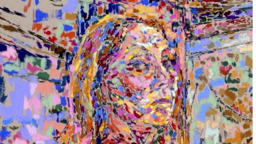 Colorful gestural drawing of a person with long blonde hair staring back.