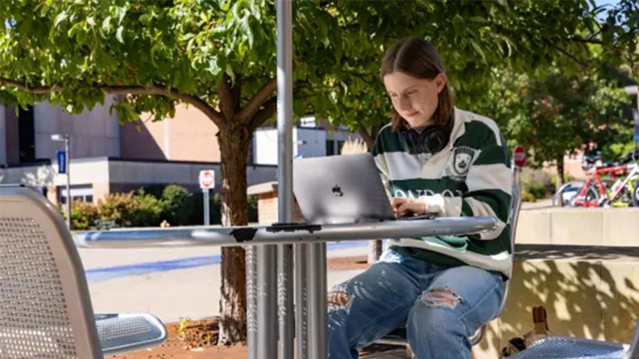 Student studying at a picnic table
