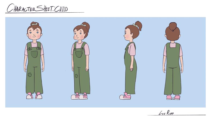 An animation of a child in green overalls and pink shows