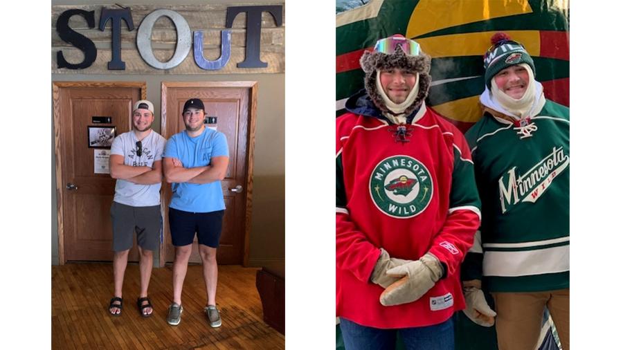 The Brisson brothers touring UW-Stout in 2020, left, and at a Minnesota Wild hockey game.