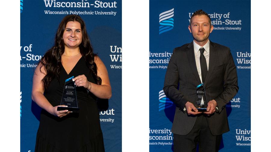 Two portraits of students holding award plaques