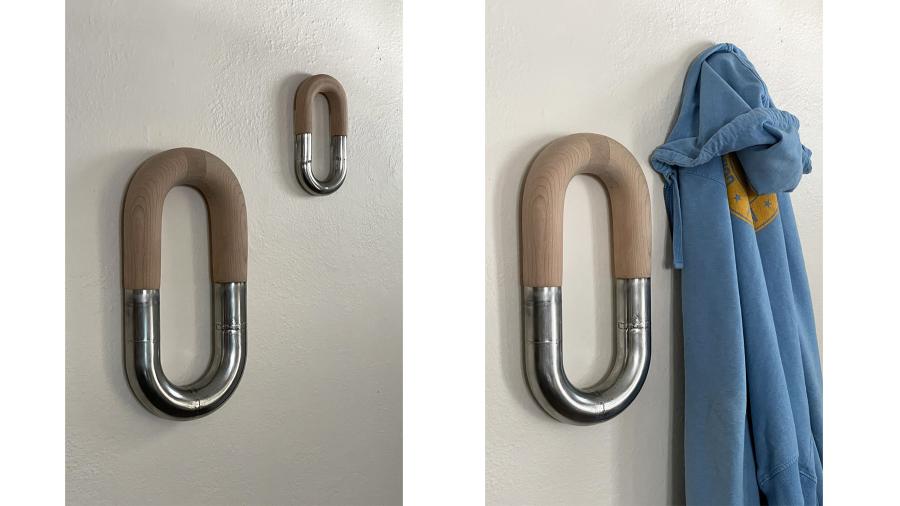 Side-by-side images of entryway assistant coat hooks, shaped like links in a chain.