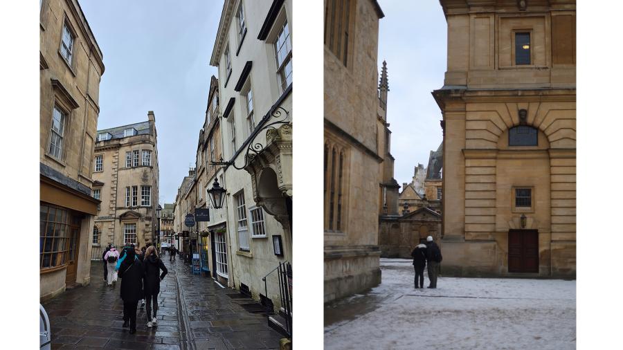 Side-by-side photos of a quiet street in the city of Bath and a couple stands among tall buildings near the University of Oxford