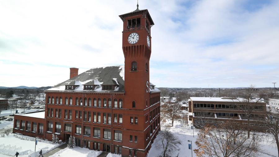 University building with snow