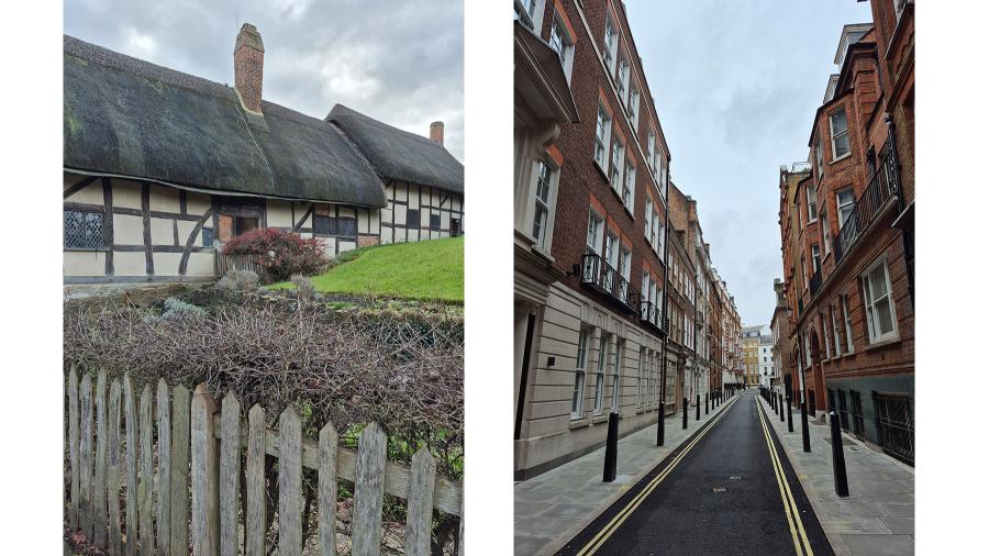 Side-by-side photos of an English Renaissance garden and a London street