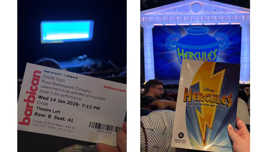 Side-by-side photos of theater tickets for the play Twelfth Night and Disney's Hercules
