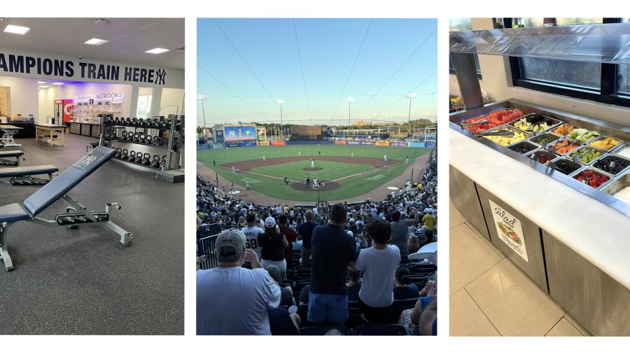 Images of gym, ballpark, and salad bar