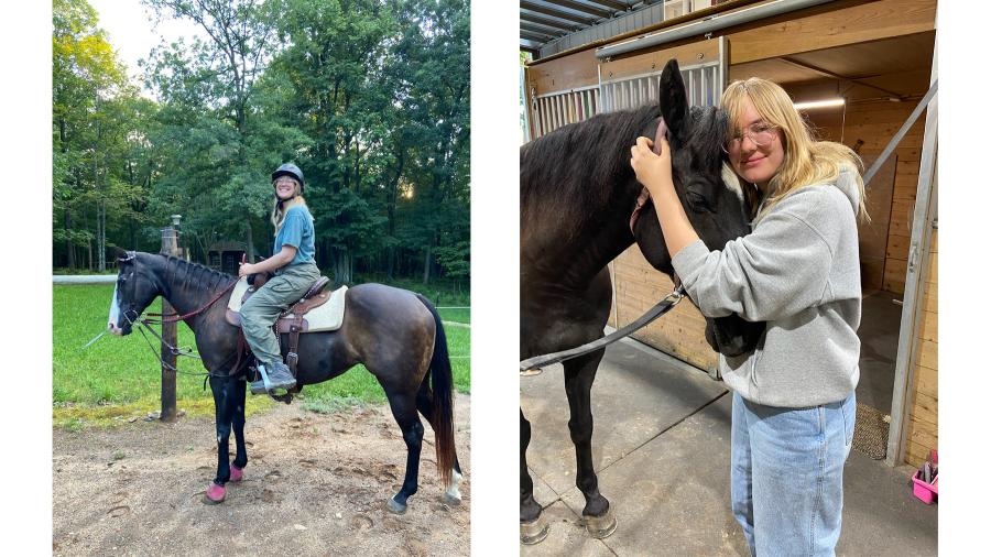 Side by side photos of Ava Allroggen with therapy horses