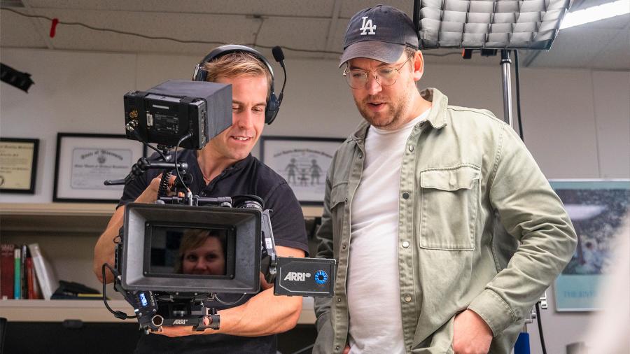 Nathan Deming (right) and cinematographer Leo Purman on set of Winter Hymns. Photo by Nathan Ouellette.