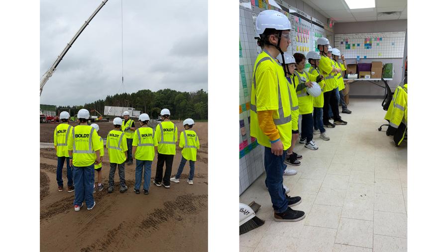 Side by side photos of STEAM campers touring a construction site