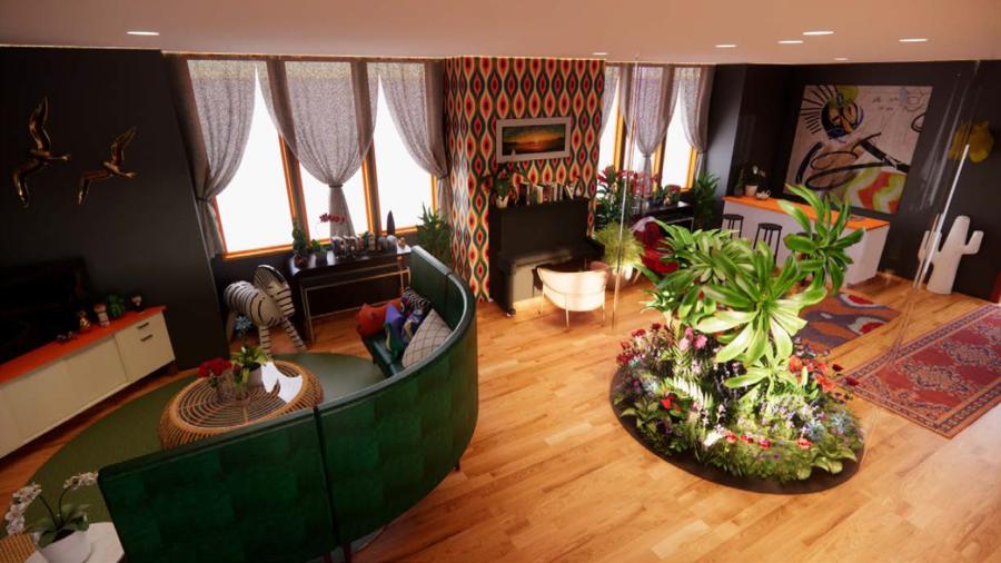 A digital rendering of a living room decorated in green hues with a tropical plant terrarium in the center.