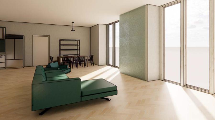 A digital rendering of a living room with an ocean view.