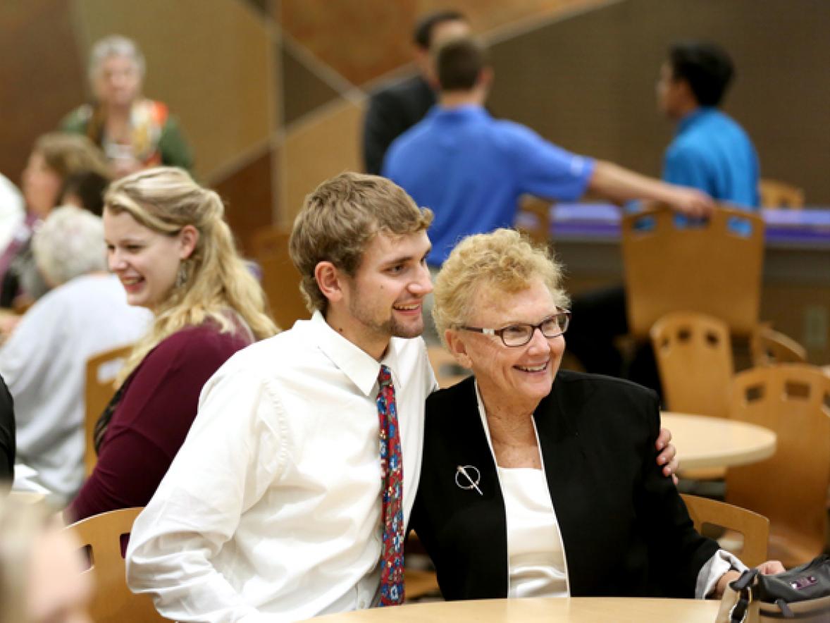UW-Stout student Sylas Rehbein, of Viroqua, poses for a photo with donor Patricia Rose Rooney after receiving the Homer C. Rose Memorial Scholarship during a scholarship program Sept. 14 on campus. Rehbein is majoring in mechanical engineering