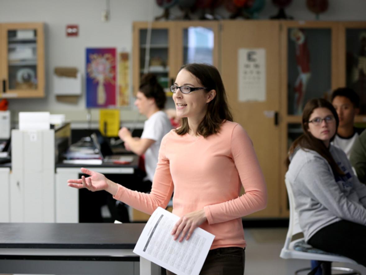 Tiffany Hoage, a new biology instructor at UW-Stout, works with students during the first day of fall semester classes, Sept. 6.