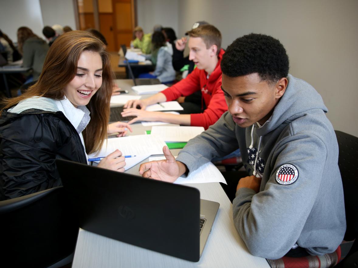Mary Wileman (left) and Dakota Kelnhofer, students in Kim Zagorski’s American Government class, work on their election research project during class in Harvey Hall Wednesday, October 26, 2016.