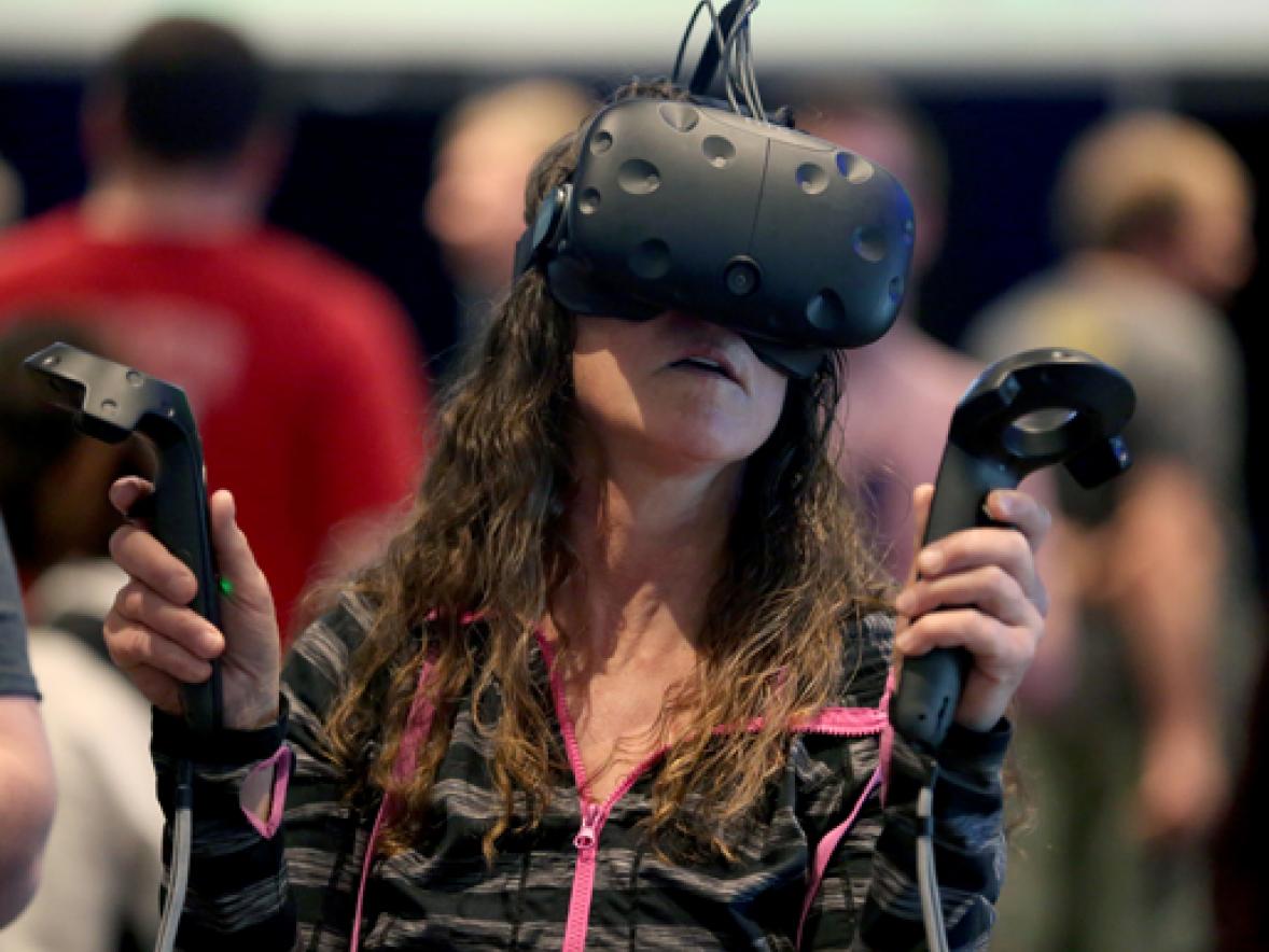 A visitor to the Stout Game Expo held in May tries a virtual reality video game.